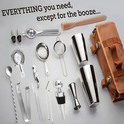 Professional 17-Piece Stainless Steel Cocktail Shaker Set with Canvas Carry Case – Complete Bar Tools Kit for Home, Travel, Parties – Includes Jigger, Strainer, Muddler, Spoon, Bottle Stopper (Brown) - Image 3