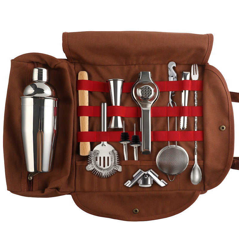 Professional 17-Piece Stainless Steel Cocktail Shaker Set with Canvas Carry Case – Complete Bar Tools Kit for Home, Travel, Parties – Includes Jigger, Strainer, Muddler, Spoon, Bottle Stopper (Brown) - Image 6