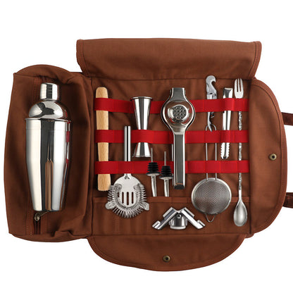 Professional 17-Piece Stainless Steel Cocktail Shaker Set with Canvas Carry Case – Complete Bar Tools Kit for Home, Travel, Parties – Includes Jigger, Strainer, Muddler, Spoon, Bottle Stopper (Brown) - Image 6