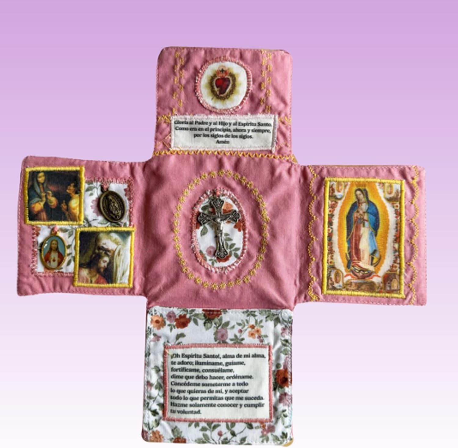 Mini Handcrafted Catholic Pocket Shrine – Foldable Prayer Altar with Silver Cross, Religious Art & Embroidered Prayers, Portable Faith Companion, 6.5 x 5.5 Inches (Pink) - Image 2