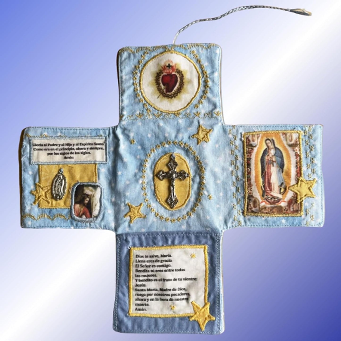 Mini Handcrafted Catholic Pocket Shrine – Foldable Prayer Altar with Silver Cross, Religious Art & Embroidered Prayers, Portable Faith Companion, 6.5 x 5.5 Inches (Pink) - Image 3