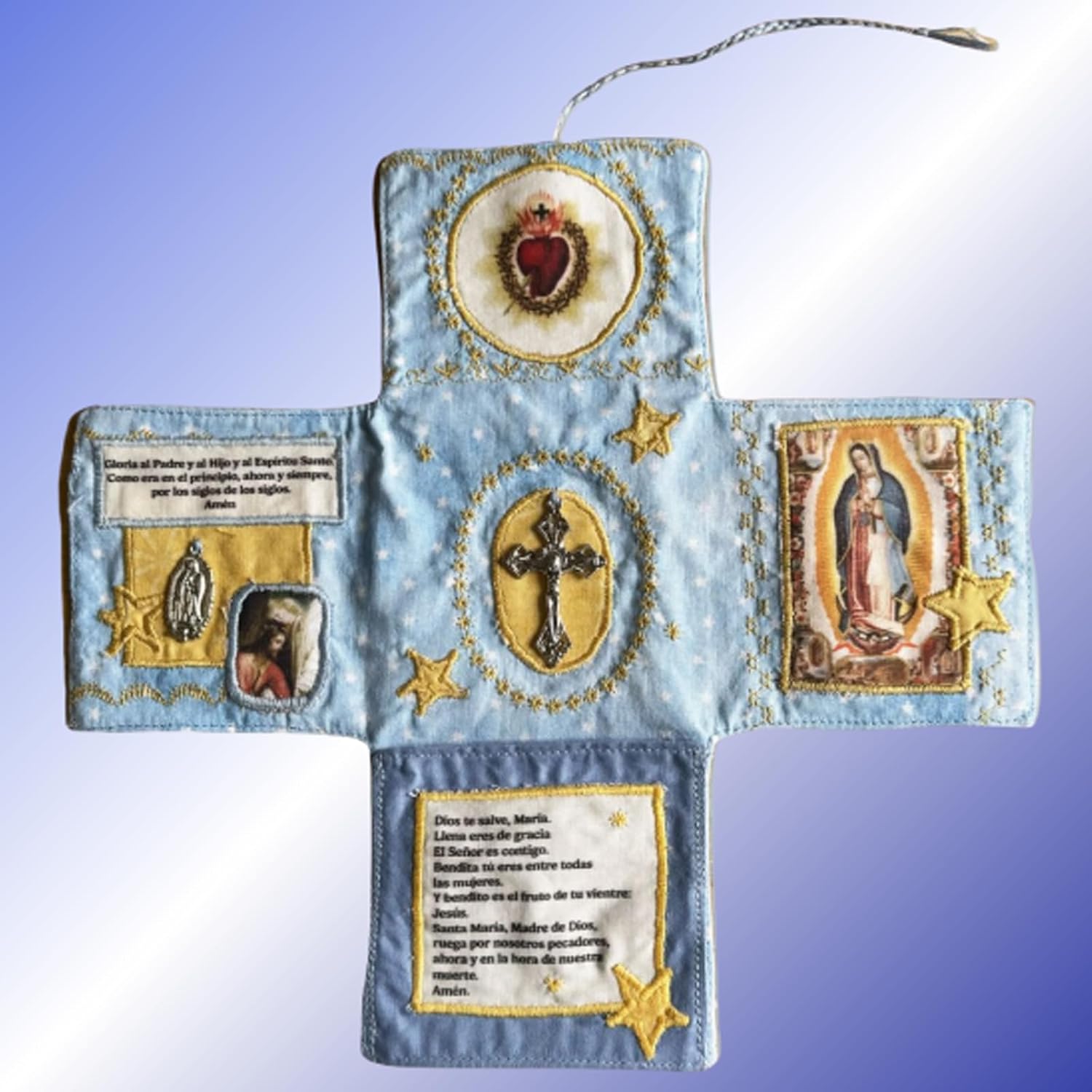 Mini Handcrafted Catholic Pocket Shrine – Foldable Prayer Altar with Silver Cross, Religious Art & Embroidered Prayers, Portable Faith Companion, 6.5 x 5.5 Inches (Pink) - Image 3