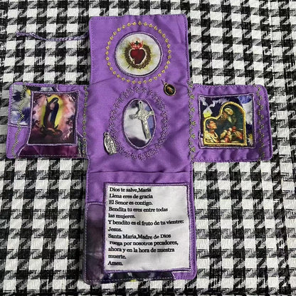 Mini Handcrafted Catholic Pocket Shrine – Foldable Prayer Altar with Silver Cross, Religious Art & Embroidered Prayers, Portable Faith Companion, 6.5 x 5.5 Inches (Pink) - Image 6
