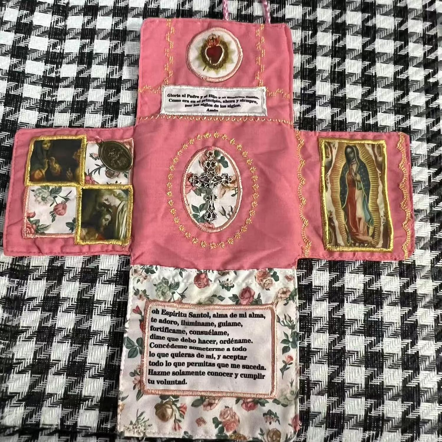 Mini Handcrafted Catholic Pocket Shrine – Foldable Prayer Altar with Silver Cross, Religious Art & Embroidered Prayers, Portable Faith Companion, 6.5 x 5.5 Inches (Blue) - Image 3