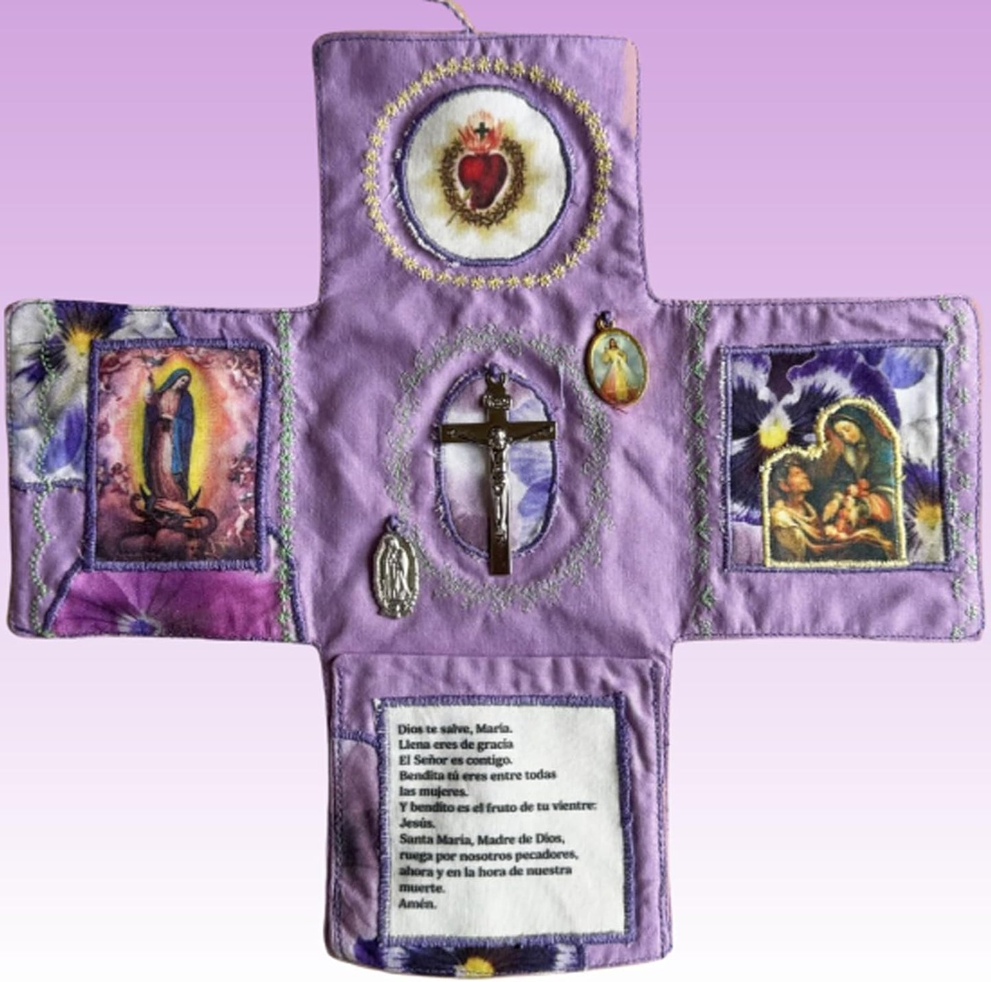 Mini Handcrafted Catholic Pocket Shrine – Foldable Prayer Altar with Silver Cross, Religious Art & Embroidered Prayers, Portable Faith Companion, 6.5 x 5.5 Inches (Blue) - Image 5