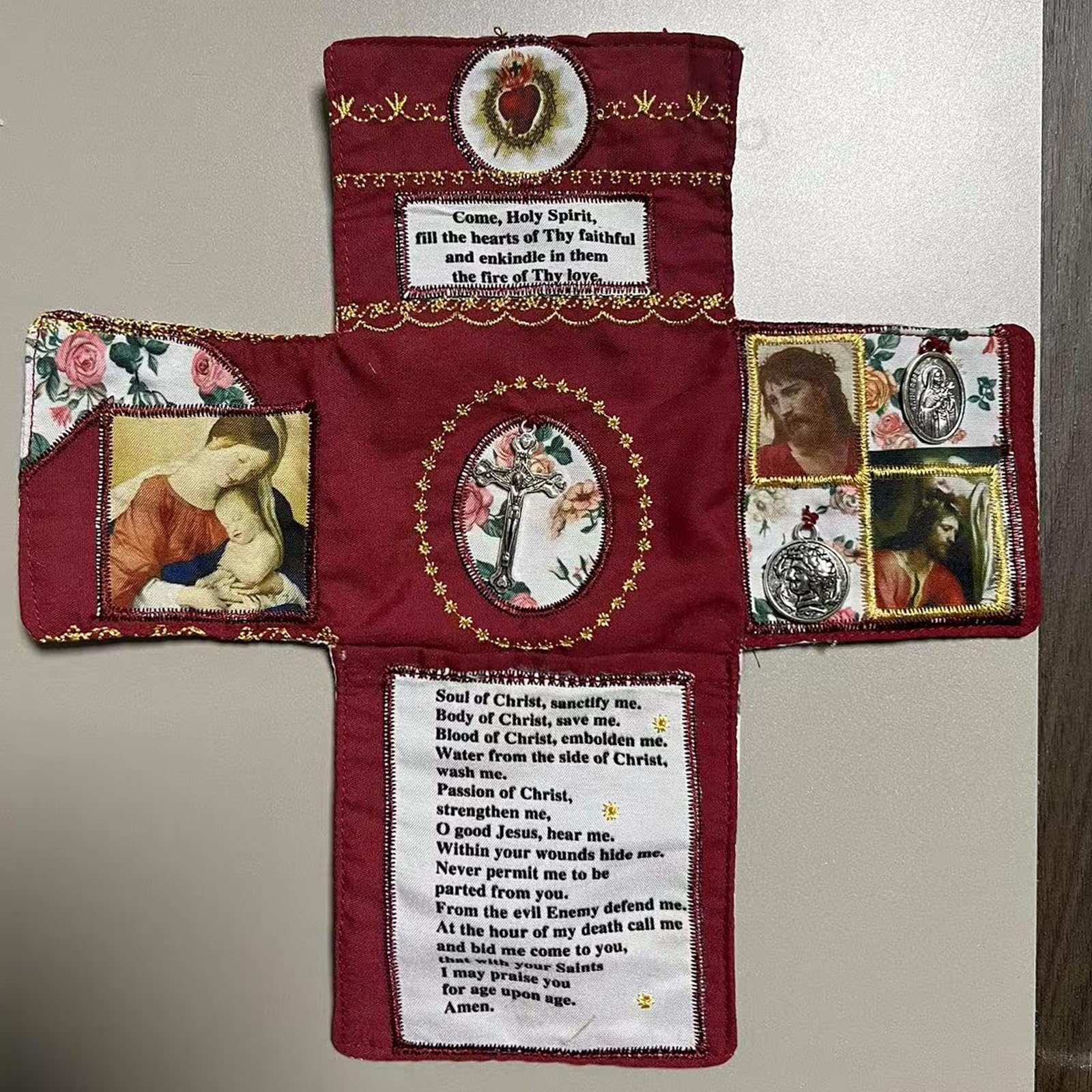 Mini Handcrafted Catholic Pocket Shrine – Foldable Prayer Altar with Silver Cross, Religious Art & Embroidered Prayers, Portable Faith Companion, 6.5 x 5.5 Inches (Blue) - Image 8