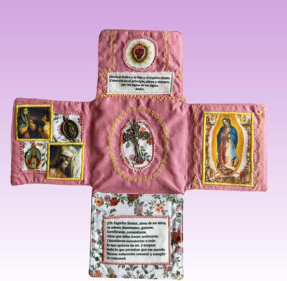Mini Handcrafted Catholic Pocket Shrine – Foldable Prayer Altar with Silver Cross, Religious Art & Embroidered Prayers, Portable Faith Companion, 6.5 x 5.5 Inches (Purple) - Image 4