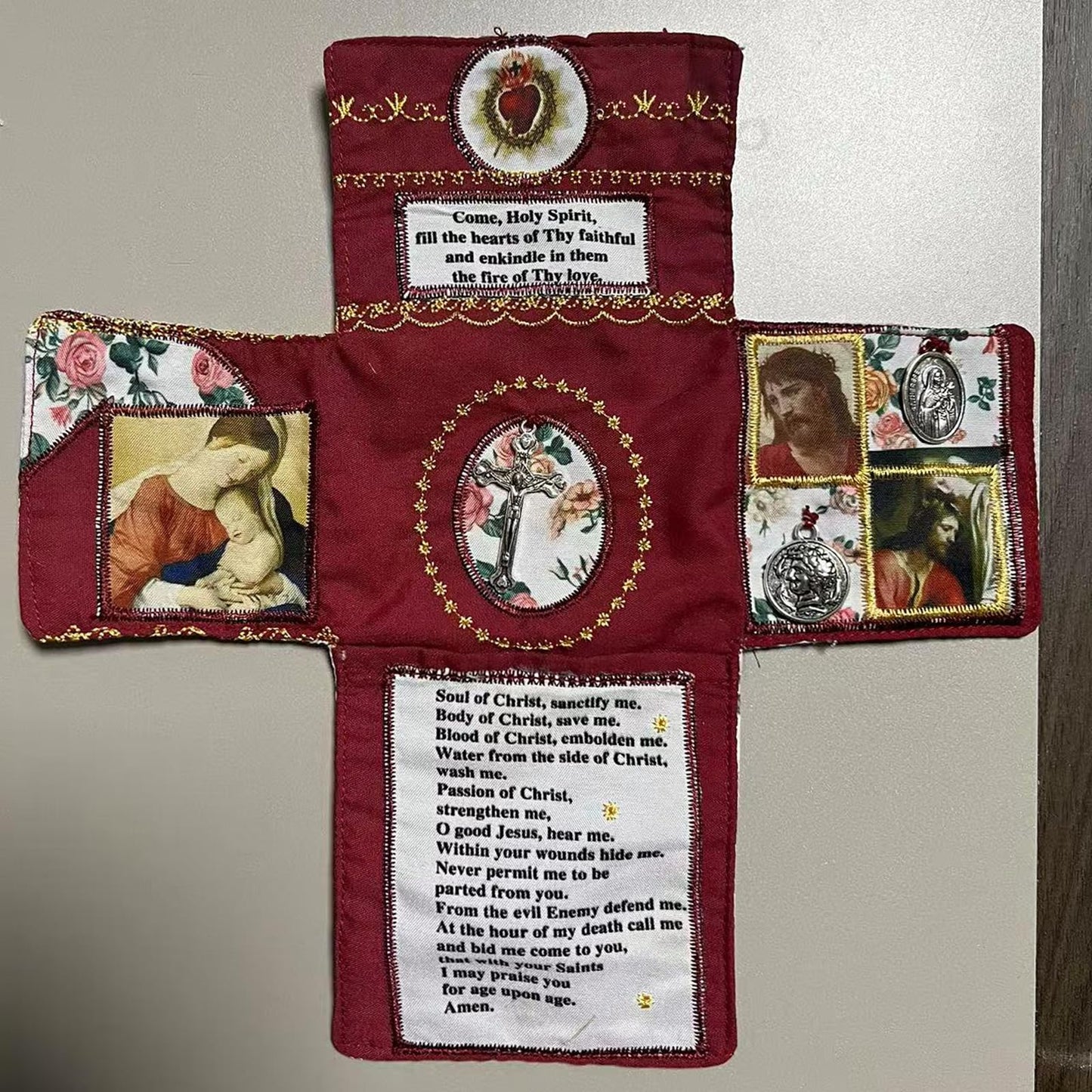 Mini Handcrafted Catholic Pocket Shrine – Foldable Prayer Altar with Silver Cross, Religious Art & Embroidered Prayers, Portable Faith Companion, 6.5 x 5.5 Inches (Purple) - Image 8