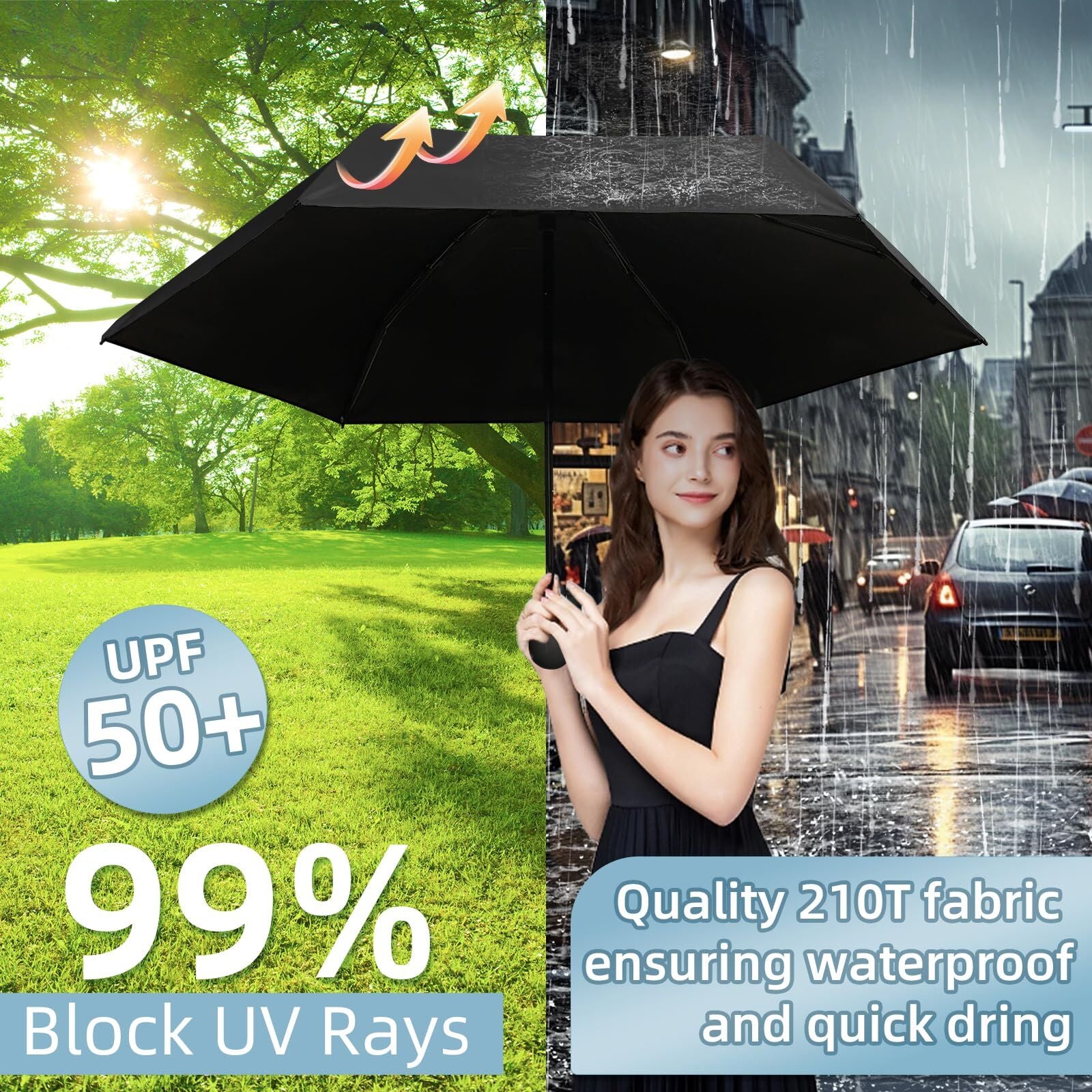 Mini Travel Umbrella – Compact Sun & Rain Protection for Women, Kids | UV-Blocking Pocket Umbrella with Case | Lightweight Foldable Umbrella（black） - Image 5