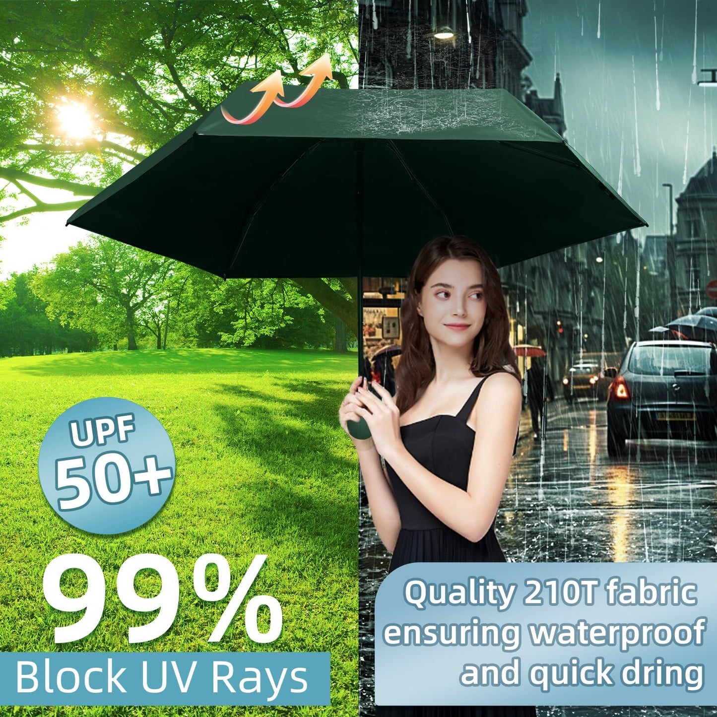 Mini Travel Umbrella – Compact Sun & Rain Protection for Women, Kids | UV-Blocking Pocket Umbrella with Case | Lightweight Foldable Umbrella（dark green） - Image 5