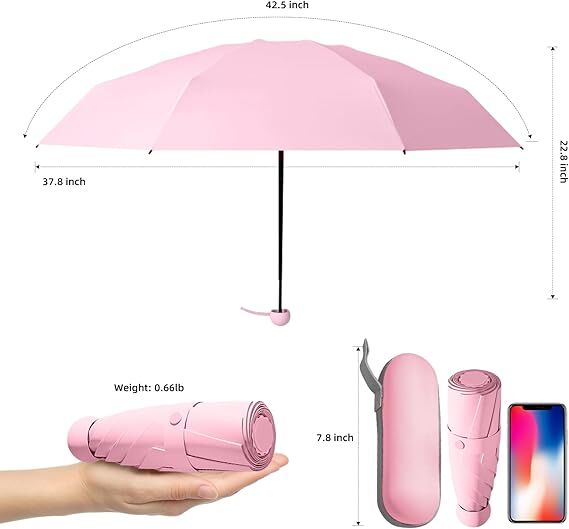 Mini Travel Umbrella – Compact Sun & Rain Protection for Women, Kids | UV-Blocking Pocket Umbrella with Case | Lightweight Foldable Umbrella（pink） - Image 2