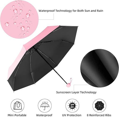 Mini Travel Umbrella – Compact Sun & Rain Protection for Women, Kids | UV-Blocking Pocket Umbrella with Case | Lightweight Foldable Umbrella（pink） - Image 5