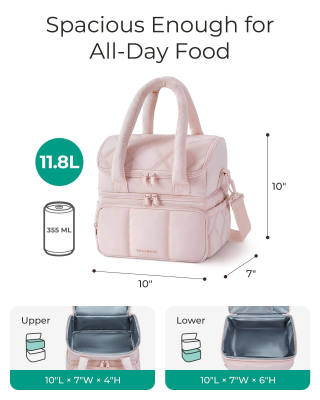 Double-Layer Insulated Lunch Bag with Quilted Design – 11.8L Cooler Tote for Work, Picnics & Travel (Pink) | Other Colors Available In-Store - Image 4