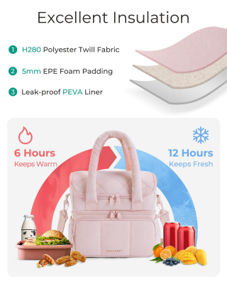 Double-Layer Insulated Lunch Bag with Quilted Design – 11.8L Cooler Tote for Work, Picnics & Travel (Black) | Other Colors Available In-Store - Image 2