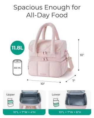Double-Layer Insulated Lunch Bag with Quilted Design – 11.8L Cooler Tote for Work, Picnics & Travel (Black) | Other Colors Available In-Store - Image 4