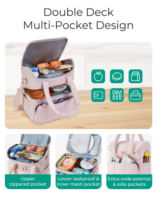 Double-Layer Insulated Lunch Bag with Quilted Design – 11.8L Cooler Tote for Work, Picnics & Travel (Beige) | Other Colors Available In-Store - Image 5