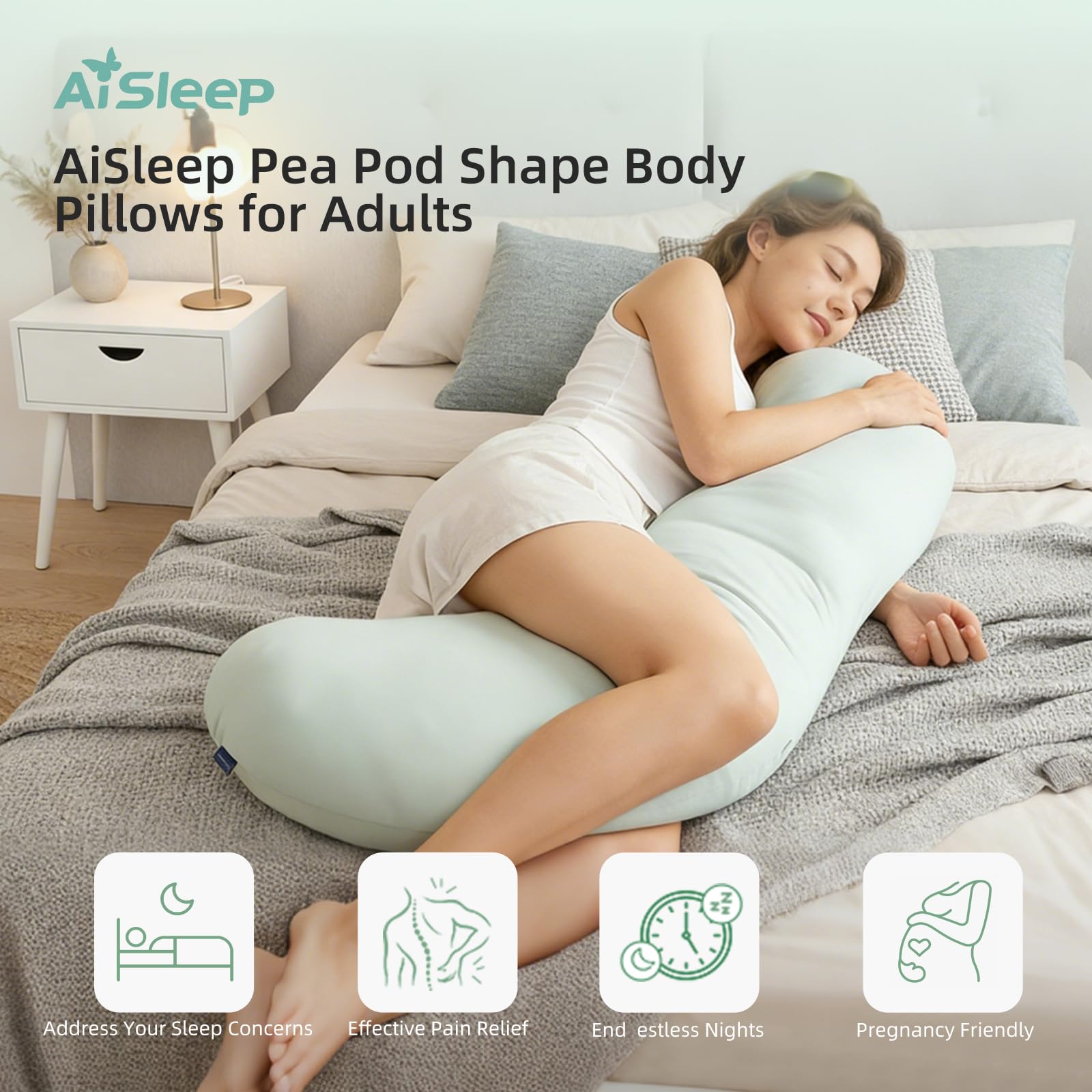 Pea Pod Shape Body Pillow for Adults – Full-Body Support Side Sleeper Pillow, Pregnancy & Back Pain Relief, Soft Hug Pillow with Memory Fiber Filling (Light Blue) - Image 2