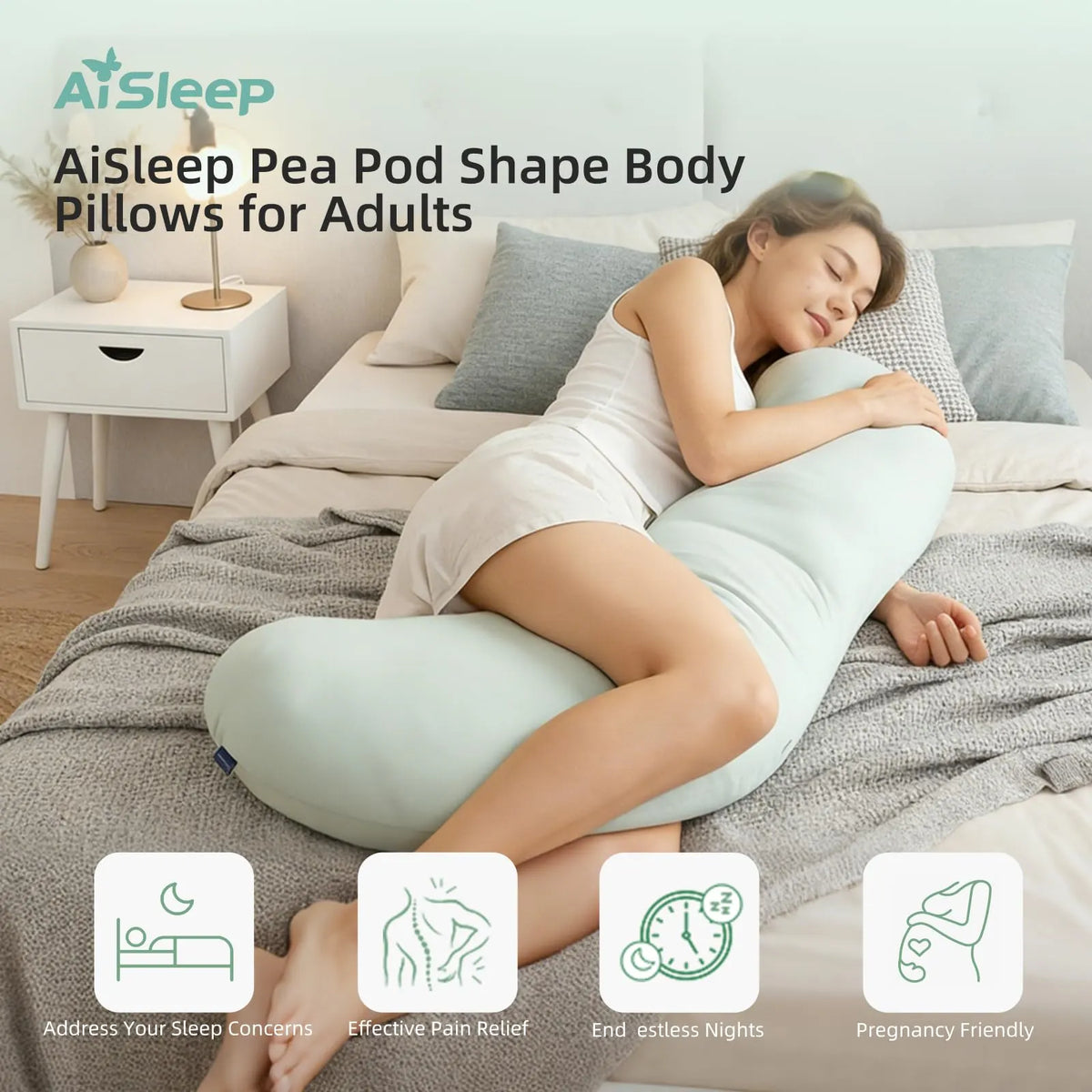 Pea Pod Shape Body Pillow for Adults – Full-Body Support Side Sleeper Pillow, Pregnancy & Back Pain Relief, Soft Hug Pillow with Memory Fiber Filling (Light Blue) - Image 2