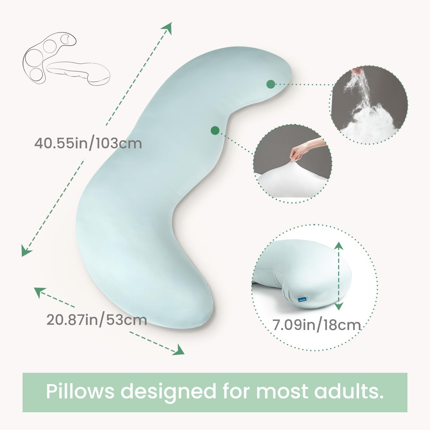 Pea Pod Shape Body Pillow for Adults – Full-Body Support Side Sleeper Pillow, Pregnancy & Back Pain Relief, Soft Hug Pillow with Memory Fiber Filling (Light Blue) - Image 6