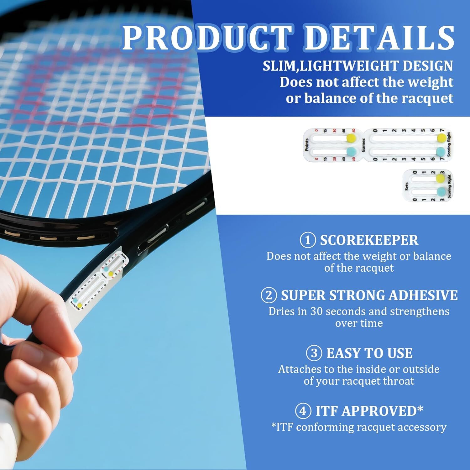 Tennis Racket Scorekeeper 2-Pack in White – Dual Portable Score Trackers for Points, Games & Sets | Other Colours Available In-Store - Image 3
