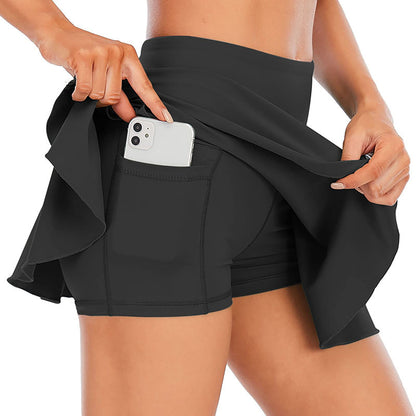 Women's Tennis Skirt with Pockets & Built-in Shorts – High-Waisted Golf Running Skort for Active Lifestyle, Sporty Fitness Wear (Black,XL)