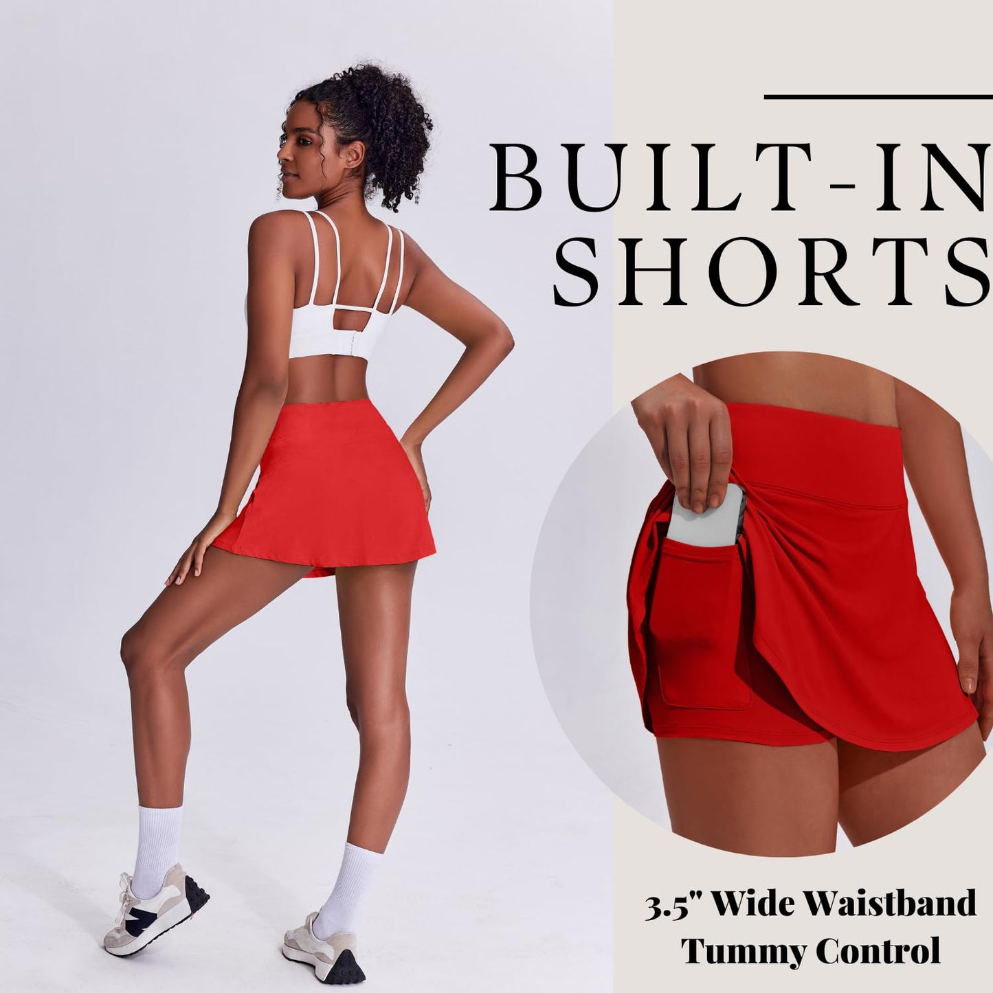 Women's Tennis Skirt with Pockets & Built-in Shorts – High-Waisted Golf Running Skort for Active Lifestyle, Sporty Fitness Wear (Red,S) - Image 4
