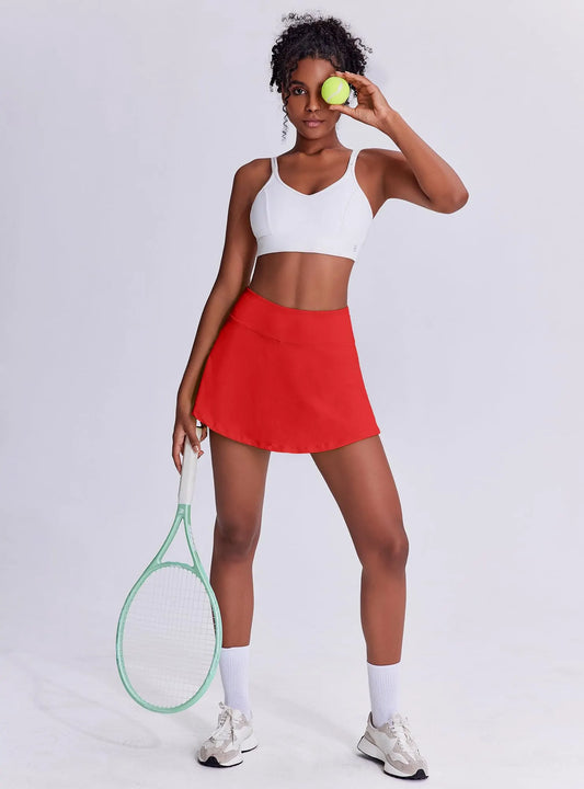 Women's Tennis Skirt with Pockets & Built-in Shorts – High-Waisted Golf Running Skort for Active Lifestyle, Sporty Fitness Wear (Red,XL) - Image 3