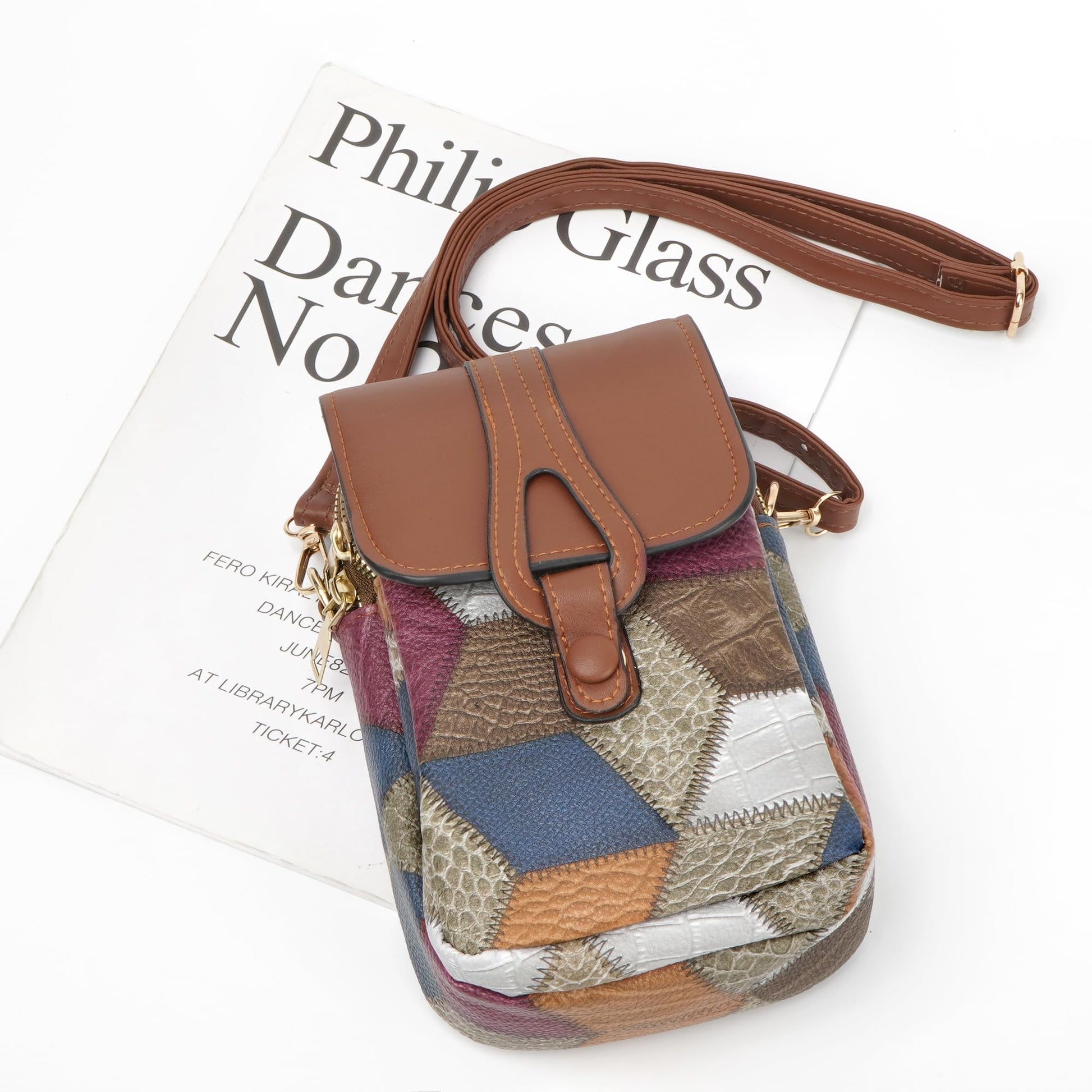 Color-Block Diamond Pattern PU Leather Crossbody Phone Bag – Retro Mini Wallet with Adjustable Strap & Dual Zipper Closure (Brown) - Image 2
