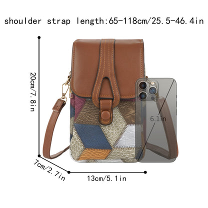 Color-Block Diamond Pattern PU Leather Crossbody Phone Bag – Retro Mini Wallet with Adjustable Strap & Dual Zipper Closure (Brown) - Image 4