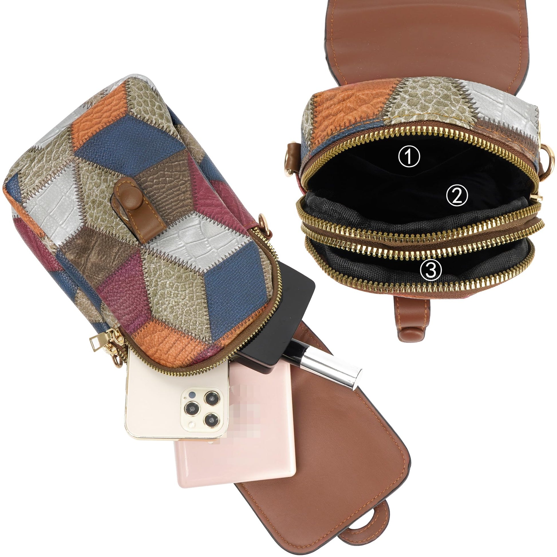 Color-Block Diamond Pattern PU Leather Crossbody Phone Bag – Retro Mini Wallet with Adjustable Strap & Dual Zipper Closure (Brown) - Image 5