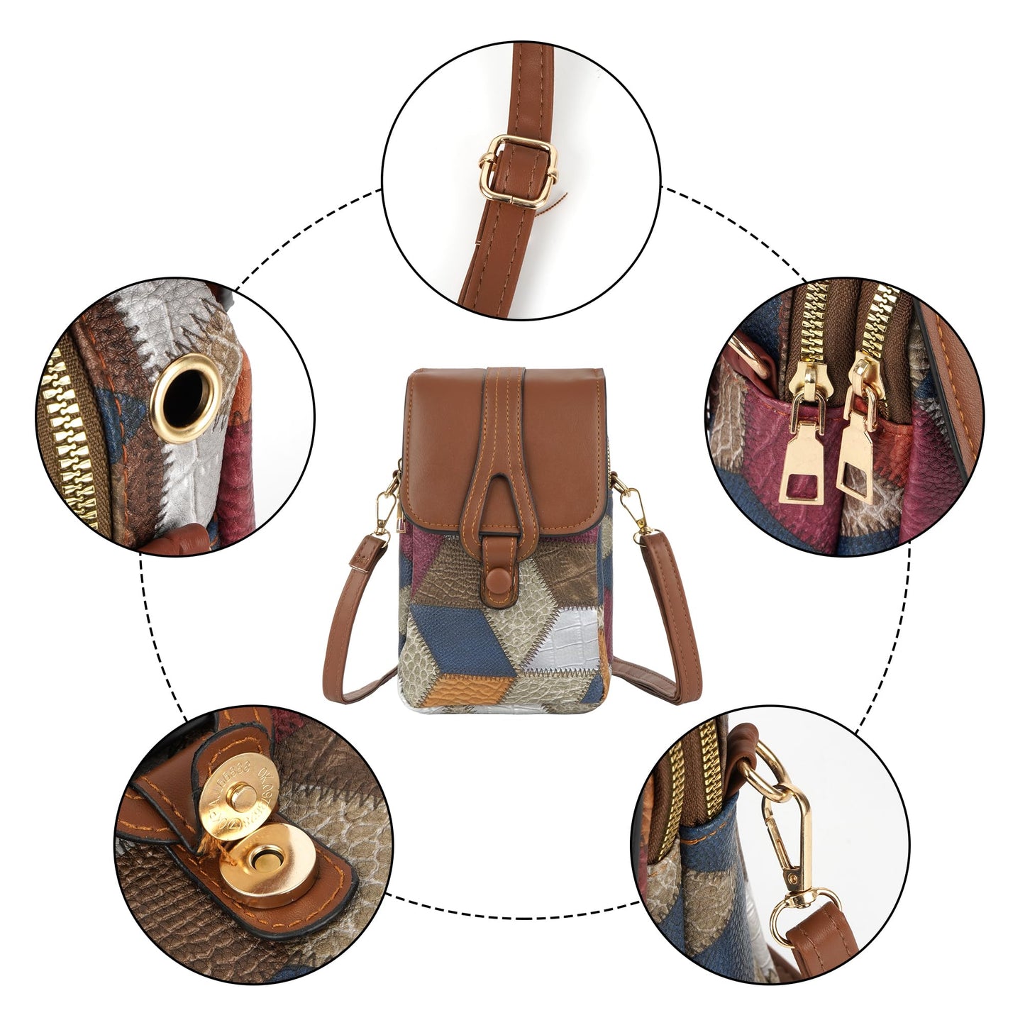 Color-Block Diamond Pattern PU Leather Crossbody Phone Bag – Retro Mini Wallet with Adjustable Strap & Dual Zipper Closure (Brown) - Image 6