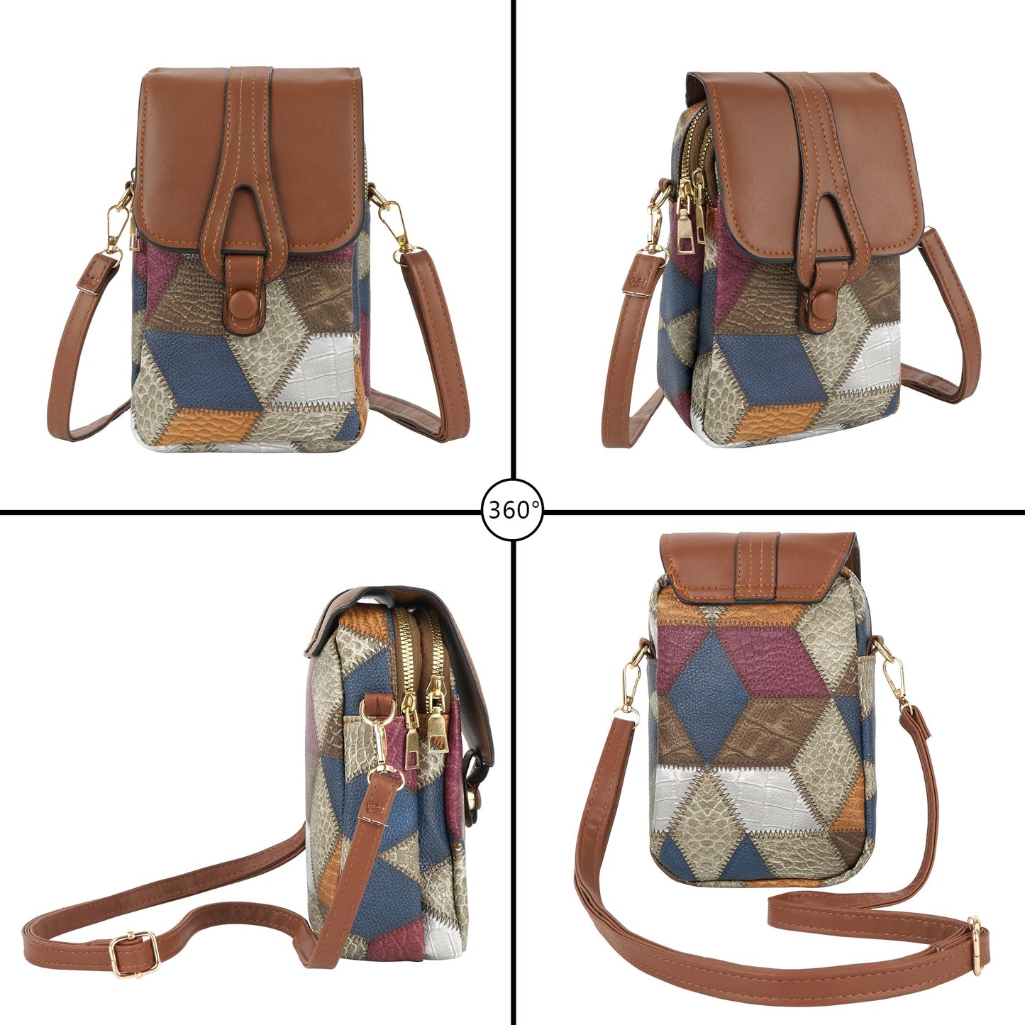 Color-Block Diamond Pattern PU Leather Crossbody Phone Bag – Retro Mini Wallet with Adjustable Strap & Dual Zipper Closure (Brown) - Image 7
