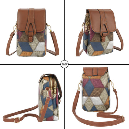 Color-Block Diamond Pattern PU Leather Crossbody Phone Bag – Retro Mini Wallet with Adjustable Strap & Dual Zipper Closure (Brown) - Image 7