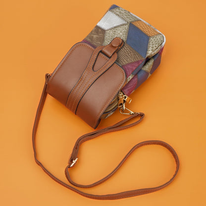 Color-Block Diamond Pattern PU Leather Crossbody Phone Bag – Retro Mini Wallet with Adjustable Strap & Dual Zipper Closure (Brown) - Image 8