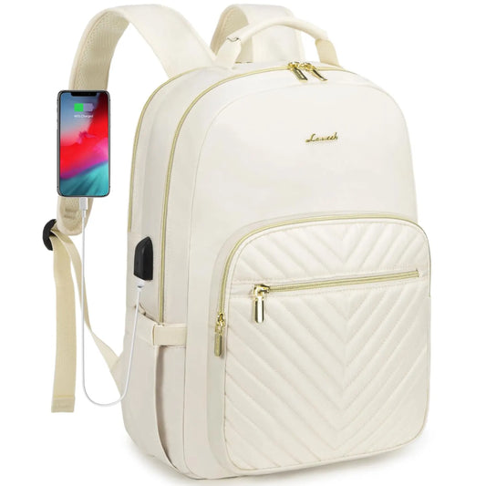 Stylish Laptop Backpack for Women – Large Capacity 27L Computer Bag with 15.6 Inch Compartment, USB Charging Port & 16 Pockets – Ideal for College, Work & Travel (White)