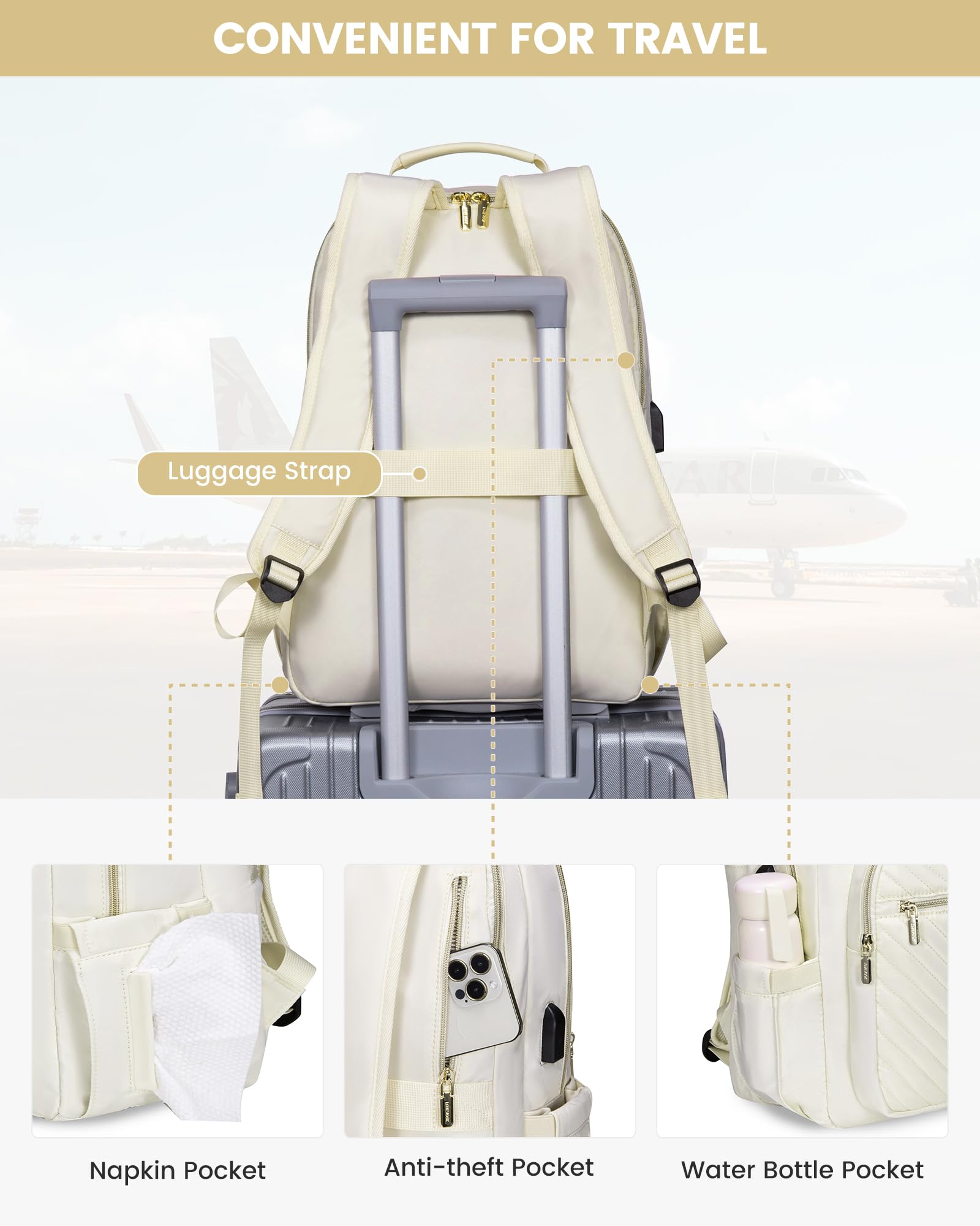 Stylish Laptop Backpack for Women – Large Capacity 27L Computer Bag with 15.6 Inch Compartment, USB Charging Port & 16 Pockets – Ideal for College, Work & Travel (White) - Image 4