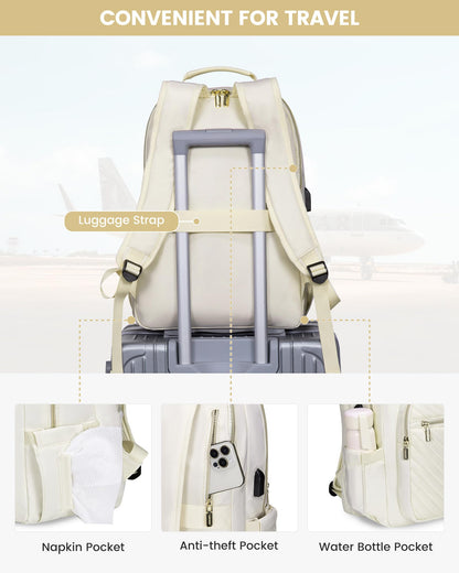 Stylish Laptop Backpack for Women – Large Capacity 27L Computer Bag with 15.6 Inch Compartment, USB Charging Port & 16 Pockets – Ideal for College, Work & Travel (White) - Image 4