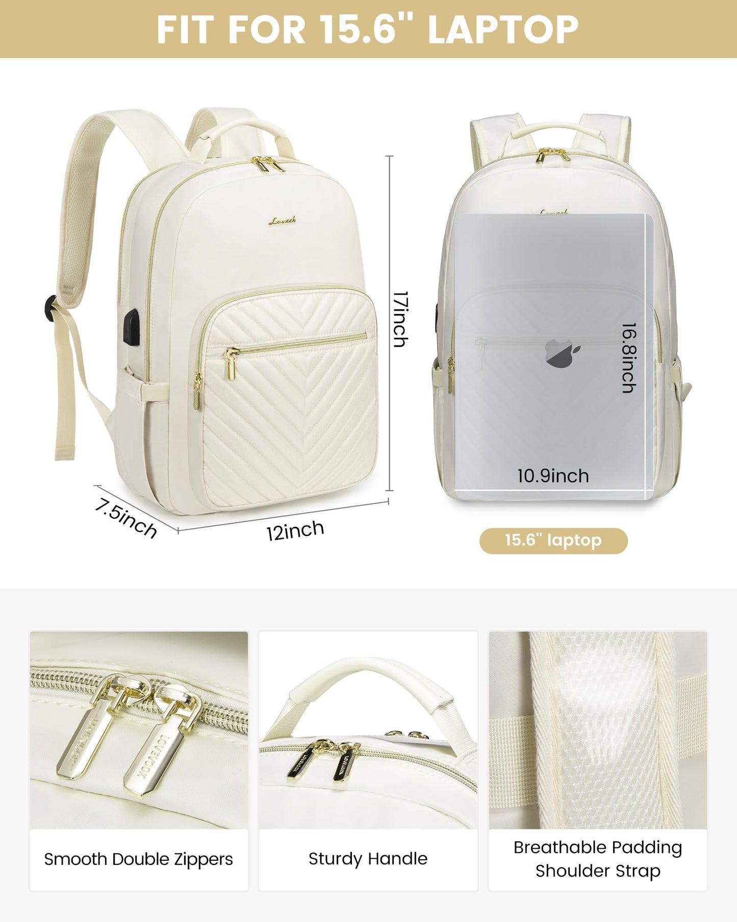 Stylish Laptop Backpack for Women – Large Capacity 27L Computer Bag with 15.6 Inch Compartment, USB Charging Port & 16 Pockets – Ideal for College, Work & Travel (White) - Image 5