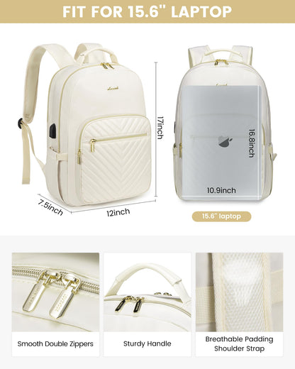 Stylish Laptop Backpack for Women – Large Capacity 27L Computer Bag with 15.6 Inch Compartment, USB Charging Port & 16 Pockets – Ideal for College, Work & Travel (White) - Image 5