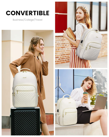 Stylish Laptop Backpack for Women – Large Capacity 27L Computer Bag with 15.6 Inch Compartment, USB Charging Port & 16 Pockets – Ideal for College, Work & Travel (White) - Image 6