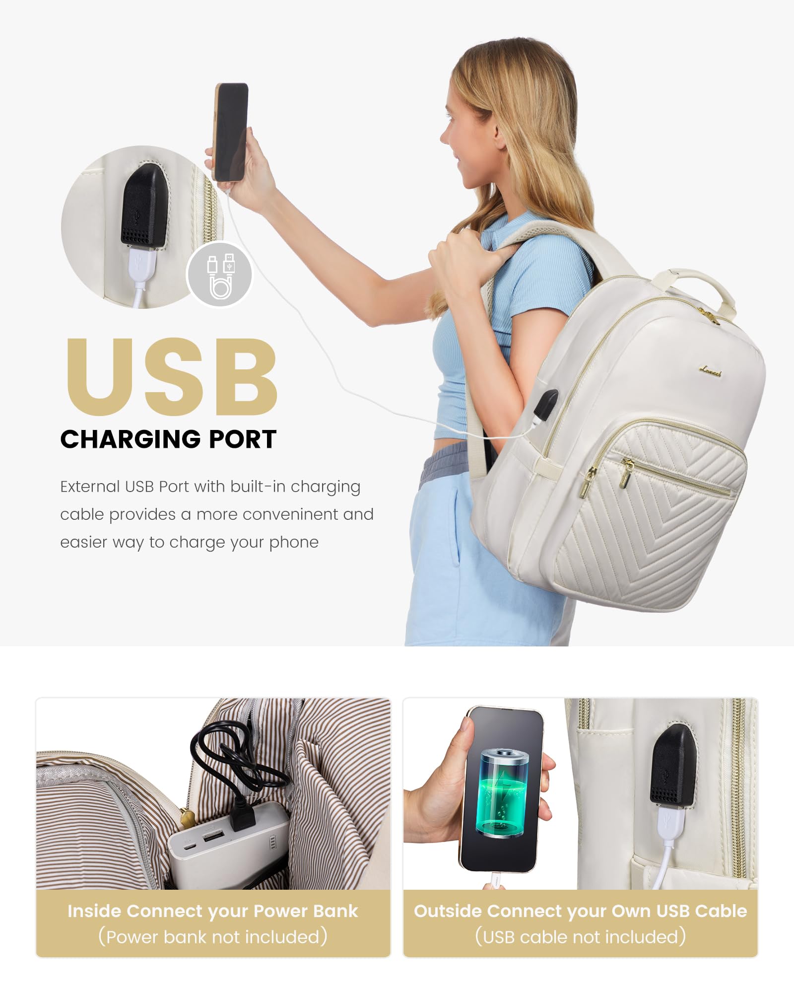 Stylish Laptop Backpack for Women – Large Capacity 27L Computer Bag with 15.6 Inch Compartment, USB Charging Port & 16 Pockets – Ideal for College, Work & Travel (White) - Image 7