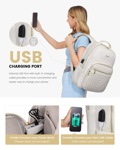 Stylish Laptop Backpack for Women – Large Capacity 27L Computer Bag with 15.6 Inch Compartment, USB Charging Port & 16 Pockets – Ideal for College, Work & Travel (White) - Image 7