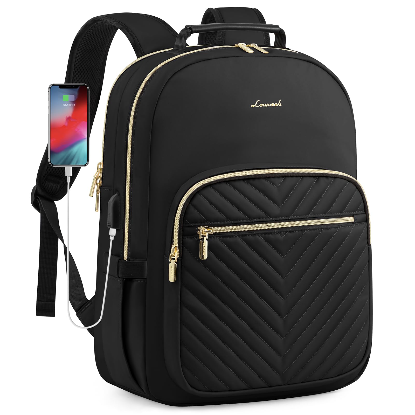 Stylish Laptop Backpack for Women – Large Capacity 27L Computer Bag with 15.6 Inch Compartment, USB Charging Port & 16 Pockets – Ideal for College, Work & Travel (Black)