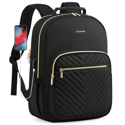 Stylish Laptop Backpack for Women – Large Capacity 27L Computer Bag with 15.6 Inch Compartment, USB Charging Port & 16 Pockets – Ideal for College, Work & Travel (Black)