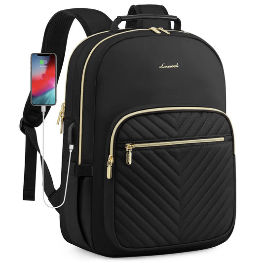 Stylish Laptop Backpack for Women – Large Capacity 27L Computer Bag with 15.6 Inch Compartment, USB Charging Port & 16 Pockets – Ideal for College, Work & Travel (Black)