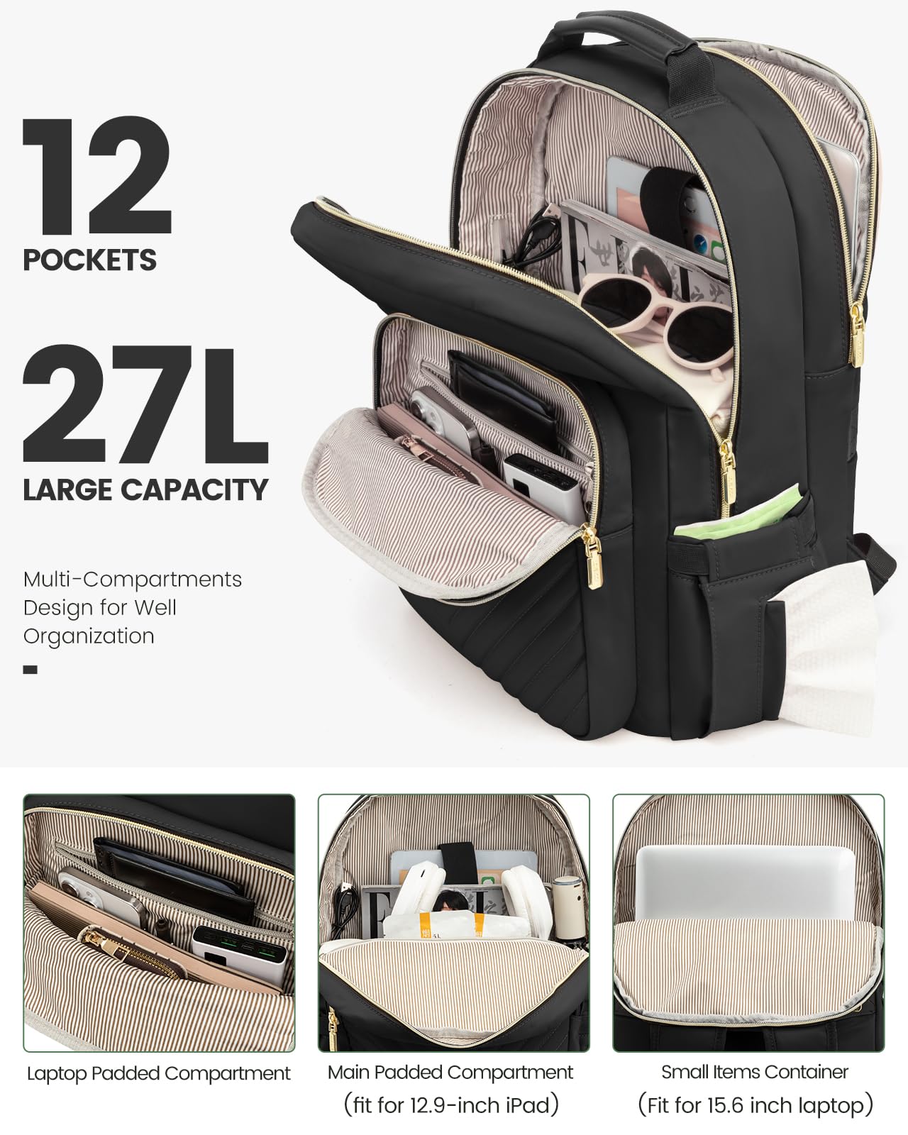 Stylish Laptop Backpack for Women – Large Capacity 27L Computer Bag with 15.6 Inch Compartment, USB Charging Port & 16 Pockets – Ideal for College, Work & Travel (Black)  - Image 2