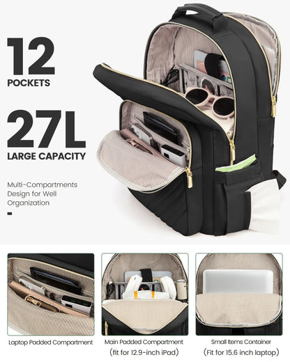 Stylish Laptop Backpack for Women – Large Capacity 27L Computer Bag with 15.6 Inch Compartment, USB Charging Port & 16 Pockets – Ideal for College, Work & Travel (Black)  - Image 2