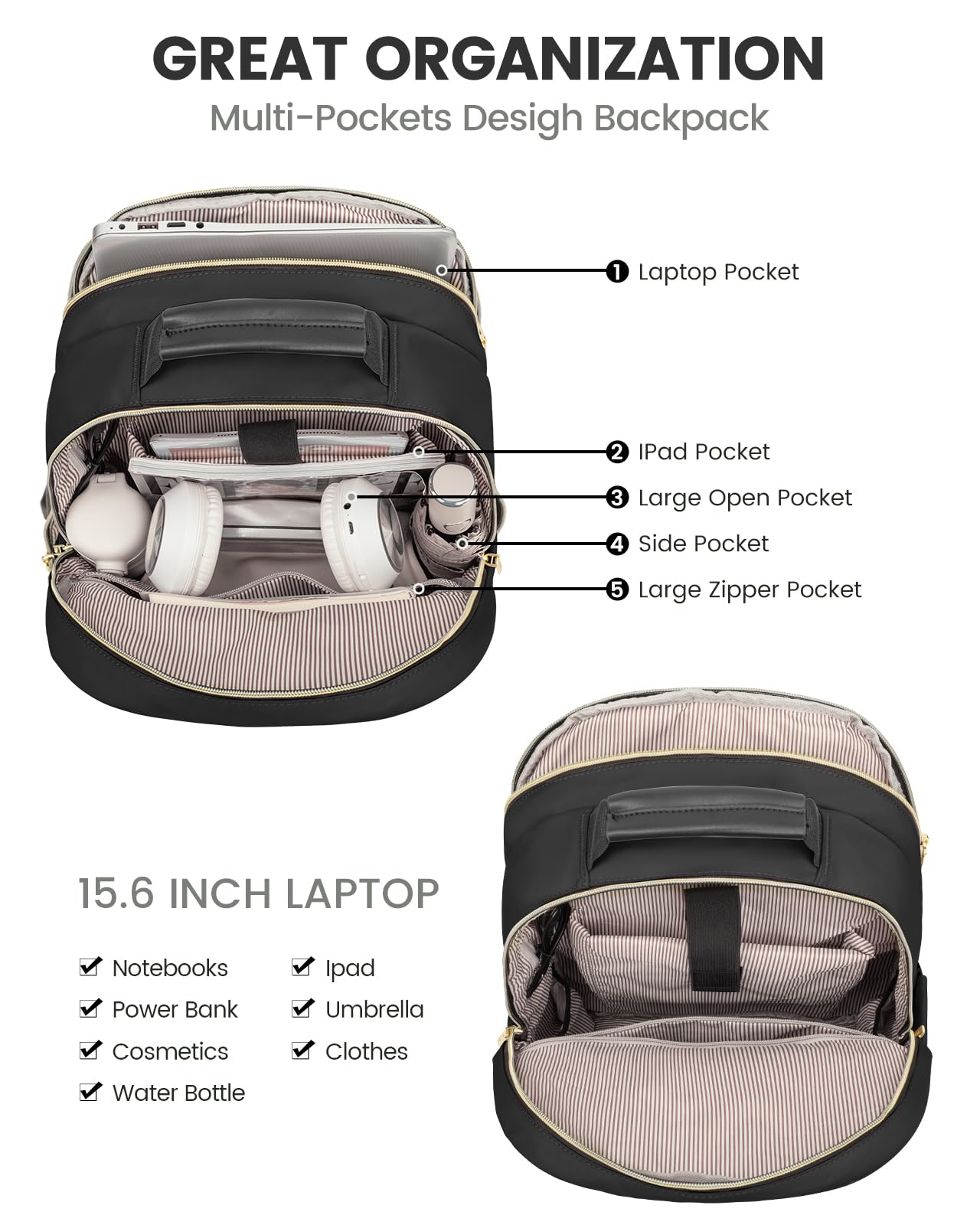 Stylish Laptop Backpack for Women – Large Capacity 27L Computer Bag with 15.6 Inch Compartment, USB Charging Port & 16 Pockets – Ideal for College, Work & Travel (Black)  - Image 3