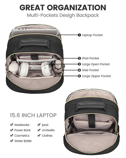 Stylish Laptop Backpack for Women – Large Capacity 27L Computer Bag with 15.6 Inch Compartment, USB Charging Port & 16 Pockets – Ideal for College, Work & Travel (Black)  - Image 3