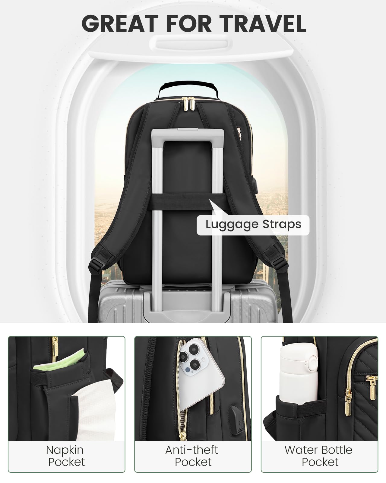 Stylish Laptop Backpack for Women – Large Capacity 27L Computer Bag with 15.6 Inch Compartment, USB Charging Port & 16 Pockets – Ideal for College, Work & Travel (Black)  - Image 4